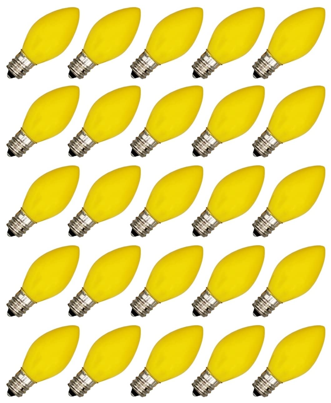Box Of 25 Light Bulbs - Opaque Yellow, Steady Burning, 7 Watt, C7 -E12 Candelabra Base -Great For Night Lights, Decorative Lights And Christmas Strings