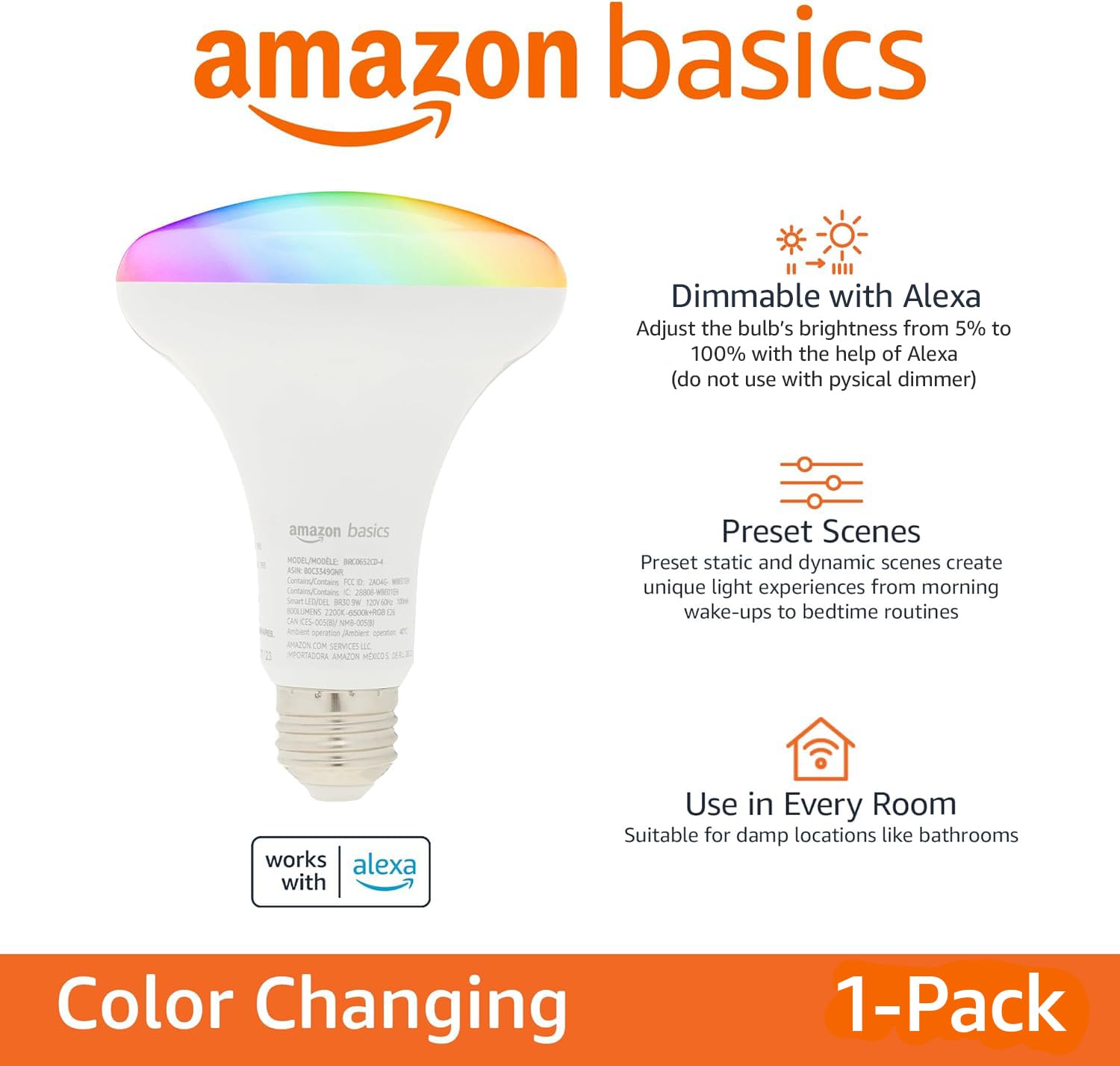 Amazon Basics Smart BR30 LED Bulb, Color Changing, 9W, 800LM, Works with Alexa, 1 Pack, Multicolor