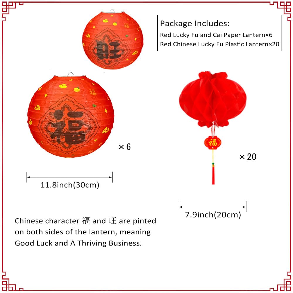 Vilanca 26Pack Chinese Japanese Paper Lanterns Red Lucky Fu Hanging Paper Lantern Decoration, 12In 8In Hanging Lanterns For Asia