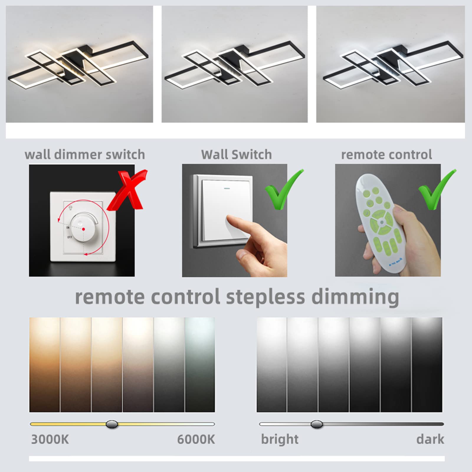 SMG Modern LED Ceiling Light Fixture, Dimmable Remote Control, 35.4IN Flush Mount Chandelier, Black, Model 126-023-731