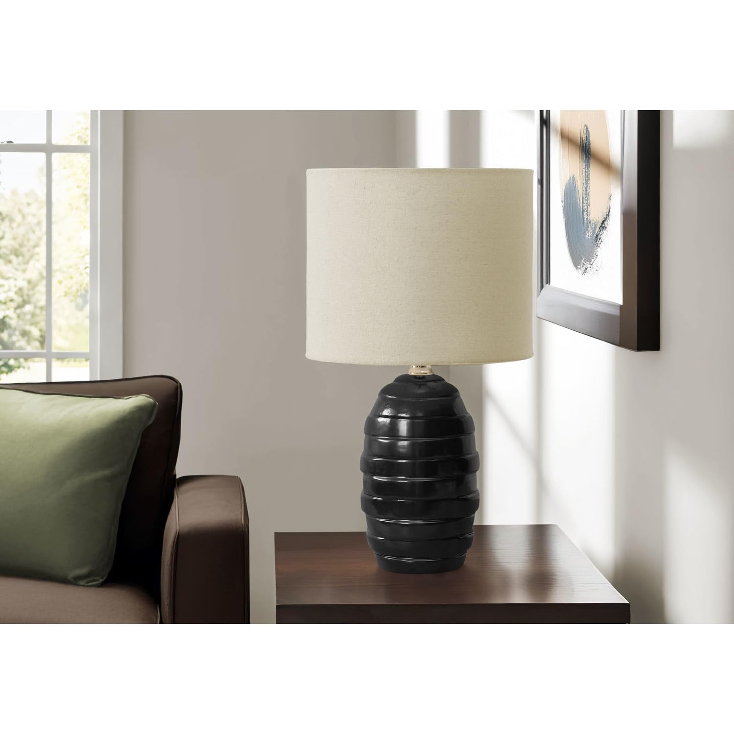 Monarch Specialties Table Lamp I 9790, 17in H, Black Ceramic, Beige Shade, Contemporary Design, 9.5in x 9.5in