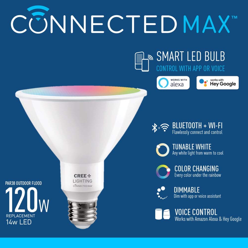 Cree Lighting Connected Max Smart LED Bulb, Tunable White + Color, Pack of 4, Model CMPAR38-120W-AL-9ACK-MP, Compatible with Alexa & Google
