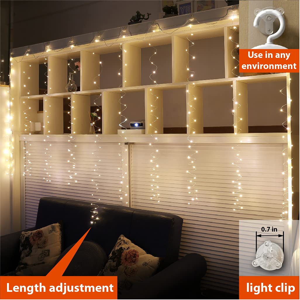 ZSJWL 2 Pack Curtain Lights, 300 LED Warm White Fairy Lights, 9.8x9.8 Ft USB Plug, Copper Wire with Remote, Ideal for Bedroom and Parties
