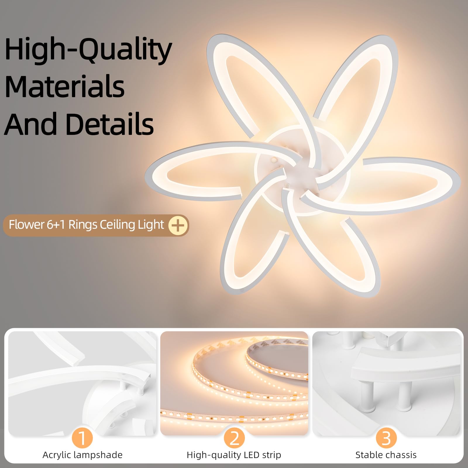 Seable Modern Led Light, 6+1 Rings 93W Dimmable Fixture 29.5'' 3000K-6500K Flush Mount White Flower Ceiling Lamp With Remote For