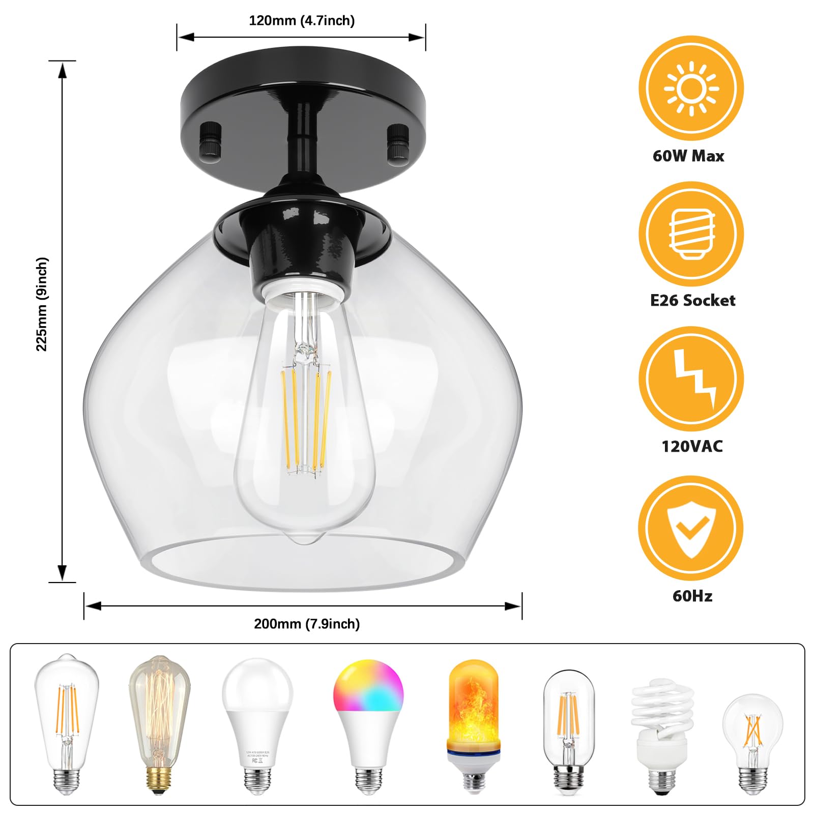 BesLowe Modern Semi Flush Mount Ceiling Light, Black Glass Shade, Model C2508-01-BK, Ideal for Hallway, Bedroom, Dining Room, Foyer