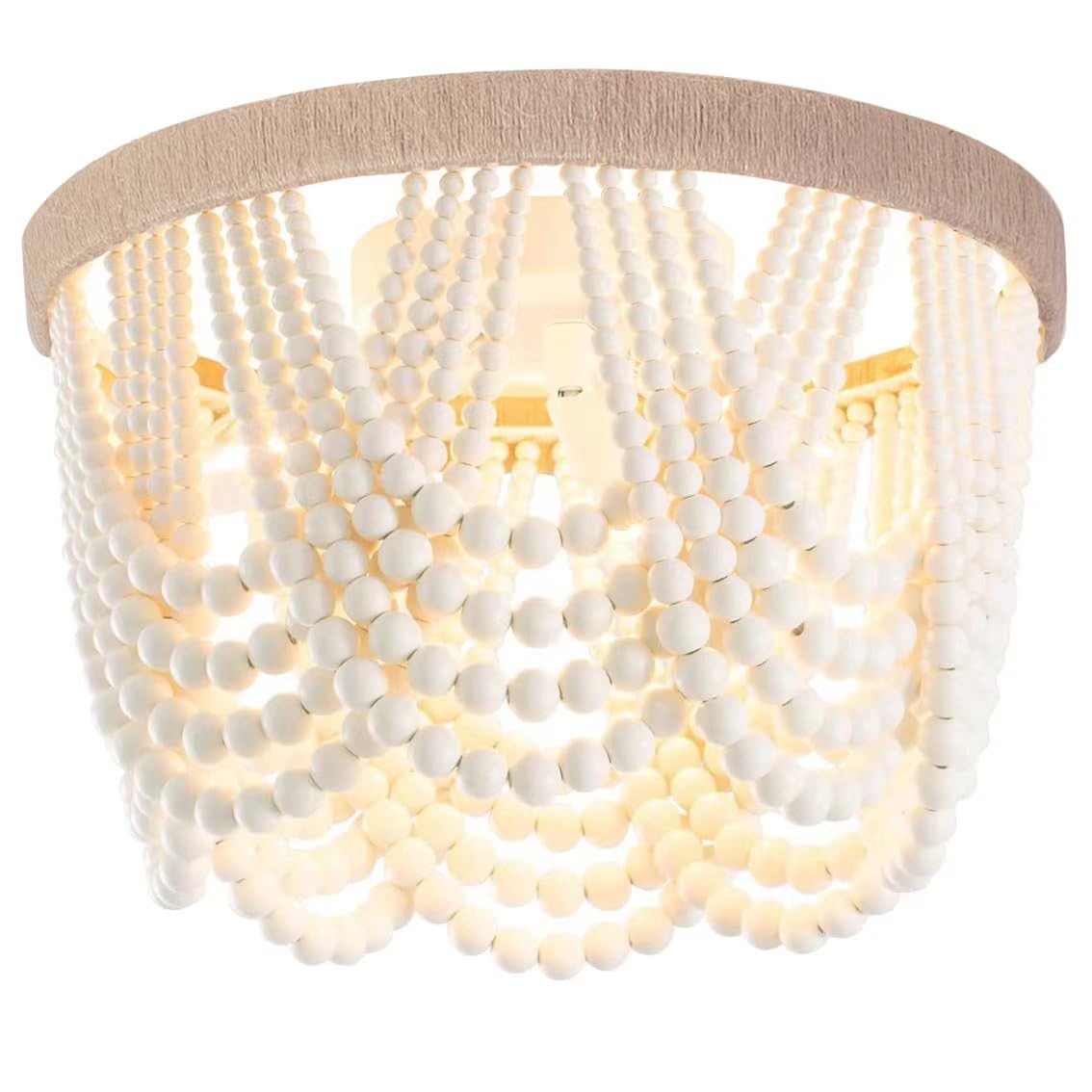 Wuhuyipi Boho Wood Beaded Chandelier, Flush Mount Ceiling Light,Farmhouse Rustic Jute Wooden Bead Chandeliers Fixture for Drawin