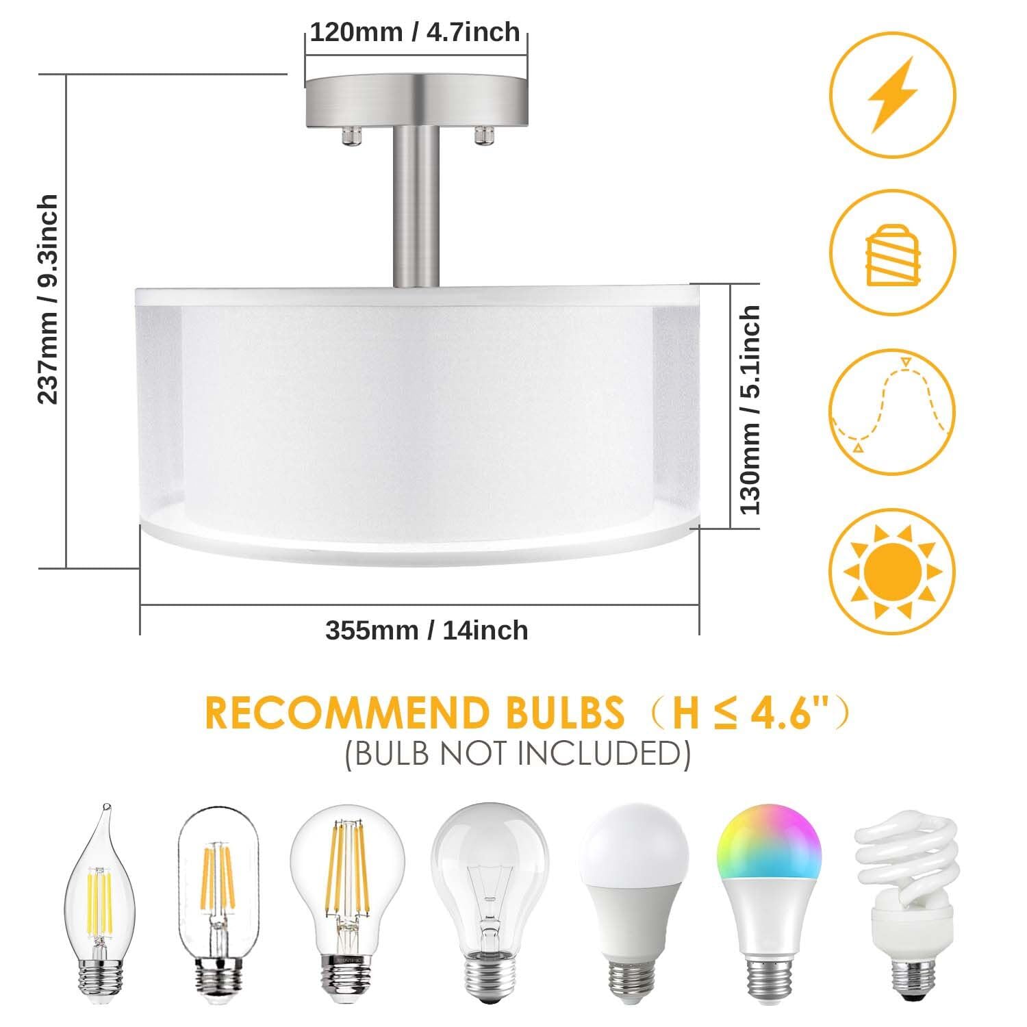 FOLKSMATE 3-Light Semi Flush Mount Ceiling Light Fixture, 14 Inch, White, Iron & Fabric, Model d504a98d-cdad-454a-bfd5-dec0