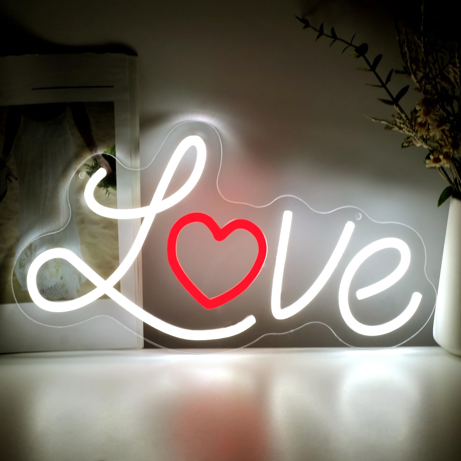 DMDMBSR LED Love Neon Sign, Dimmable Acrylic Wall Decor, Small 15.7inx8.7in, Love Heart, Model fb-19