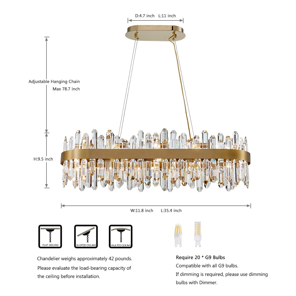 Lizztree Gold Oval Crystal Chandelier L35.4 Inch, 20-Lights Gold Chandeliers Modern Crystal Chandelier Pendant Light Fixture G9