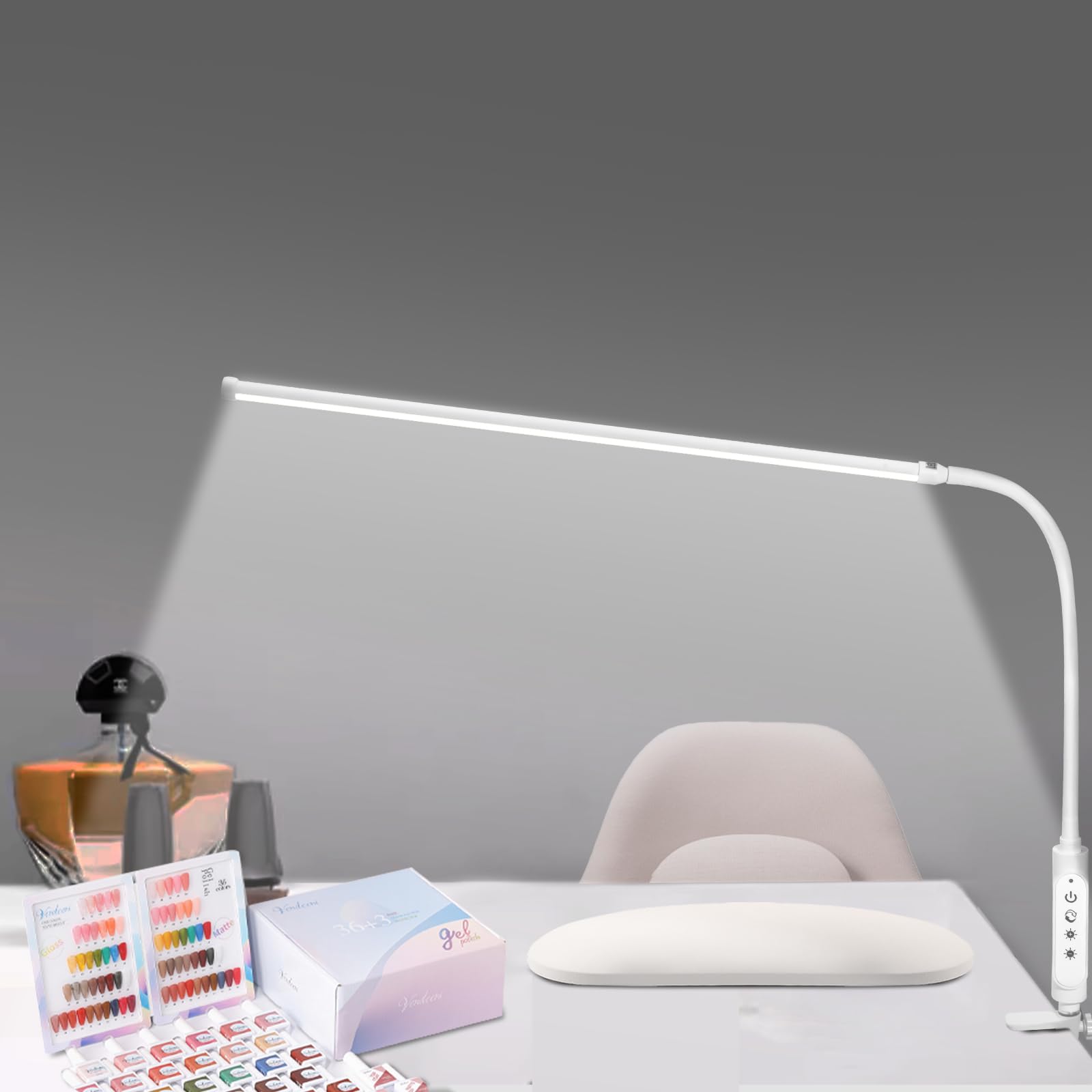CGBE Nail Lighting Lamp - 360° Adjustable Desk Lamp with 3 Color Modes, 5 Brightness Levels, 23.6-Inch, White Aluminum