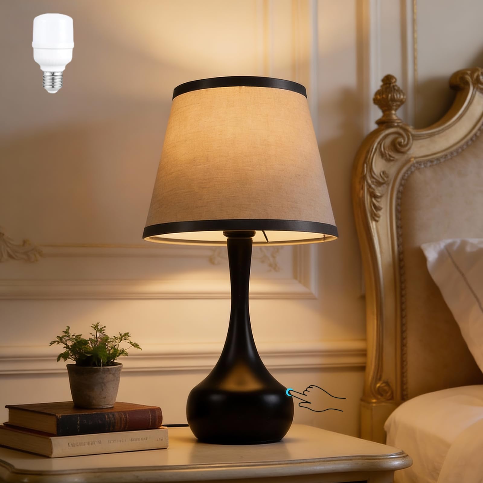 CMAQIL 17 Touch Table Lamp for Bedroom Set of 2,3-Way Dimmable Bedside Lamps for Nightstand,Small Lamp with Linen Shade for Bedr