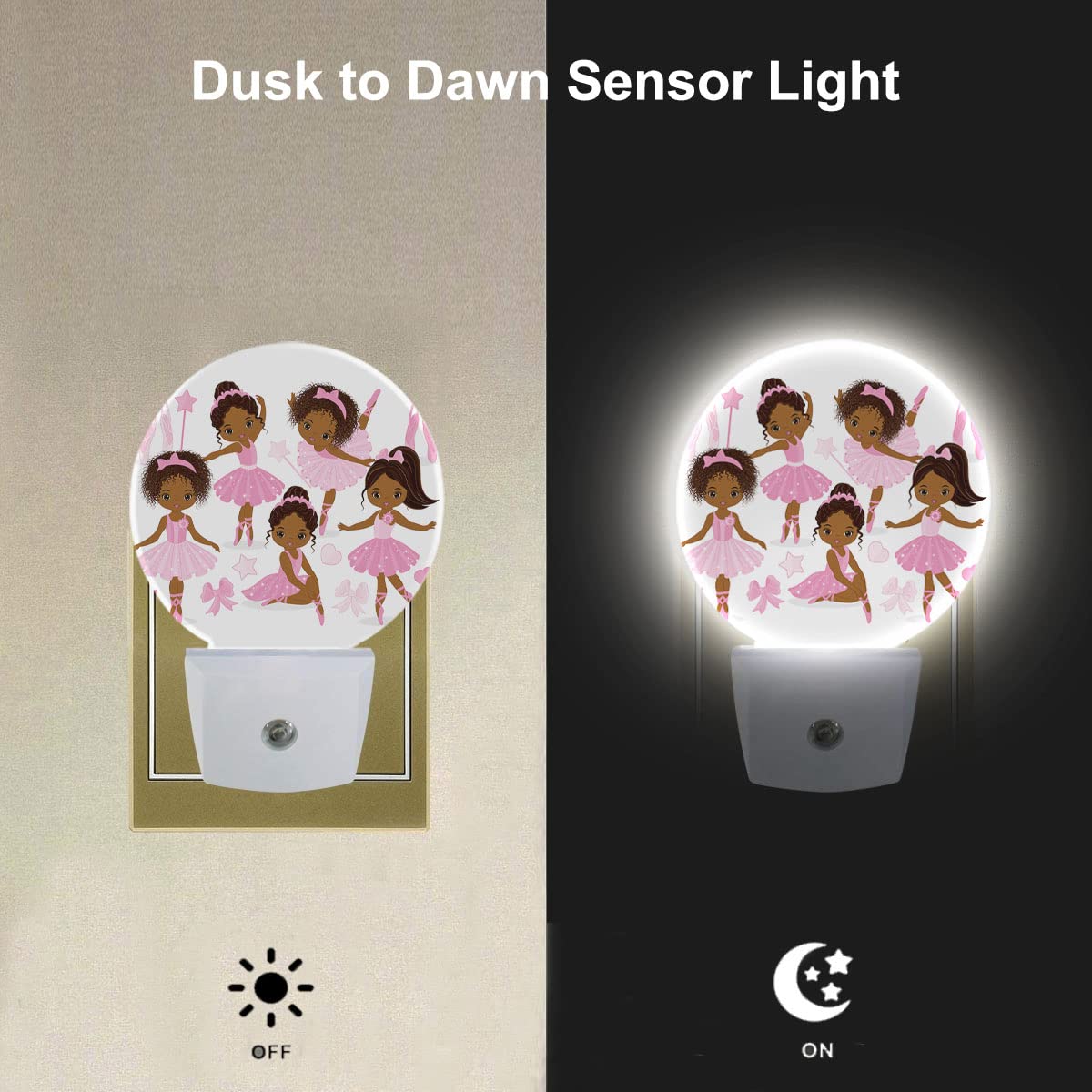 Ekobla Cute Black Ballet Dancers Night Light African-American Ballerinas Girl Cartoon Night Lights Plug Into Wall Auto Sensor Le