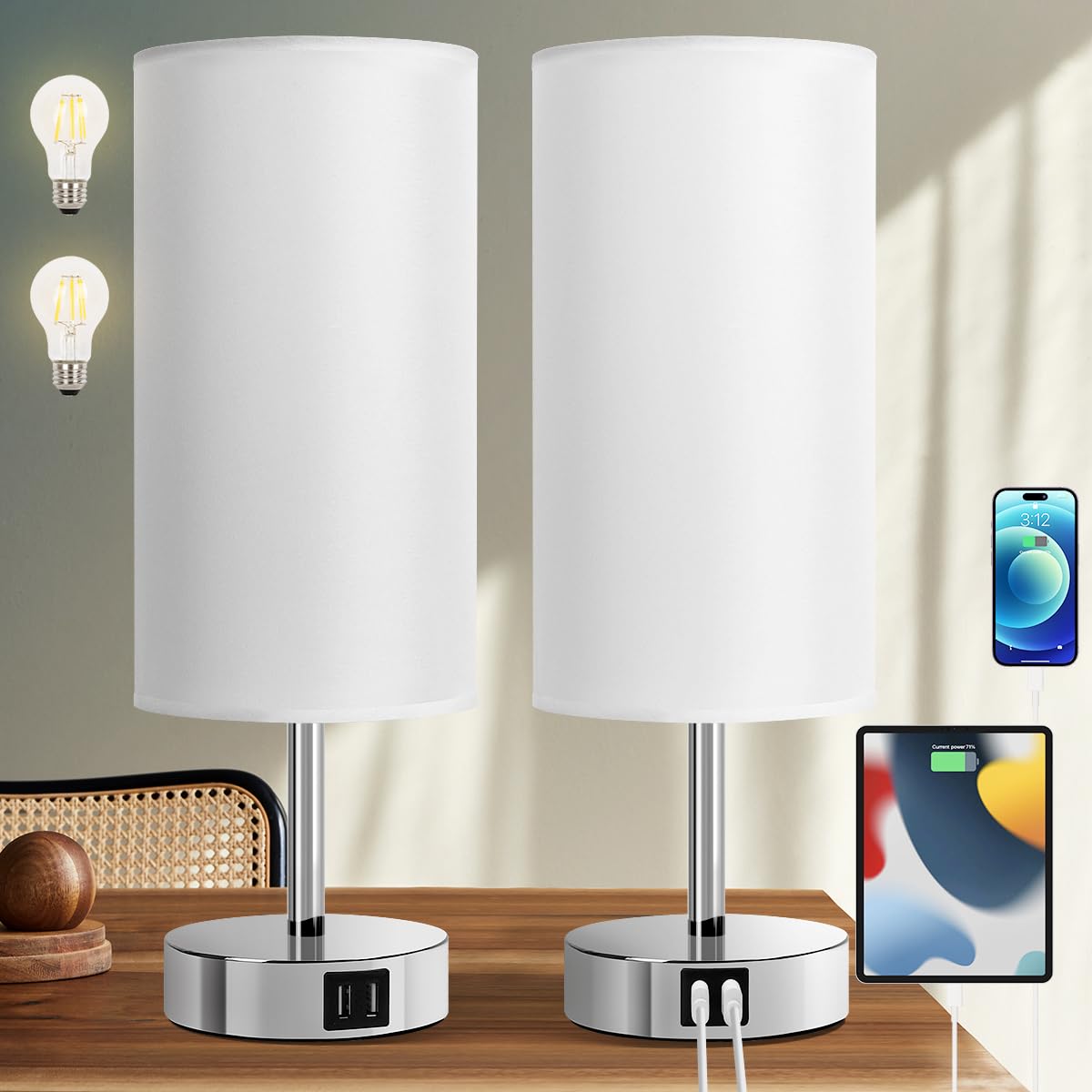 Yarra-Decor Bedside Lamps with USB Port - Touch Control Table Lamp for Bedroom 3 Way Dimmable Nightstand Lamp Set of 2 with Roun