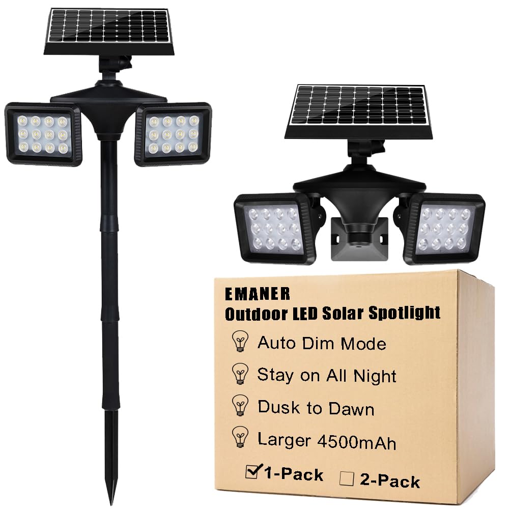 EMANER Dusk to Dawn Solar Flood & Security Lights with Motion Sensor, 100W Equivalent Outdoor Landscape LED Spotlights 6500K, So