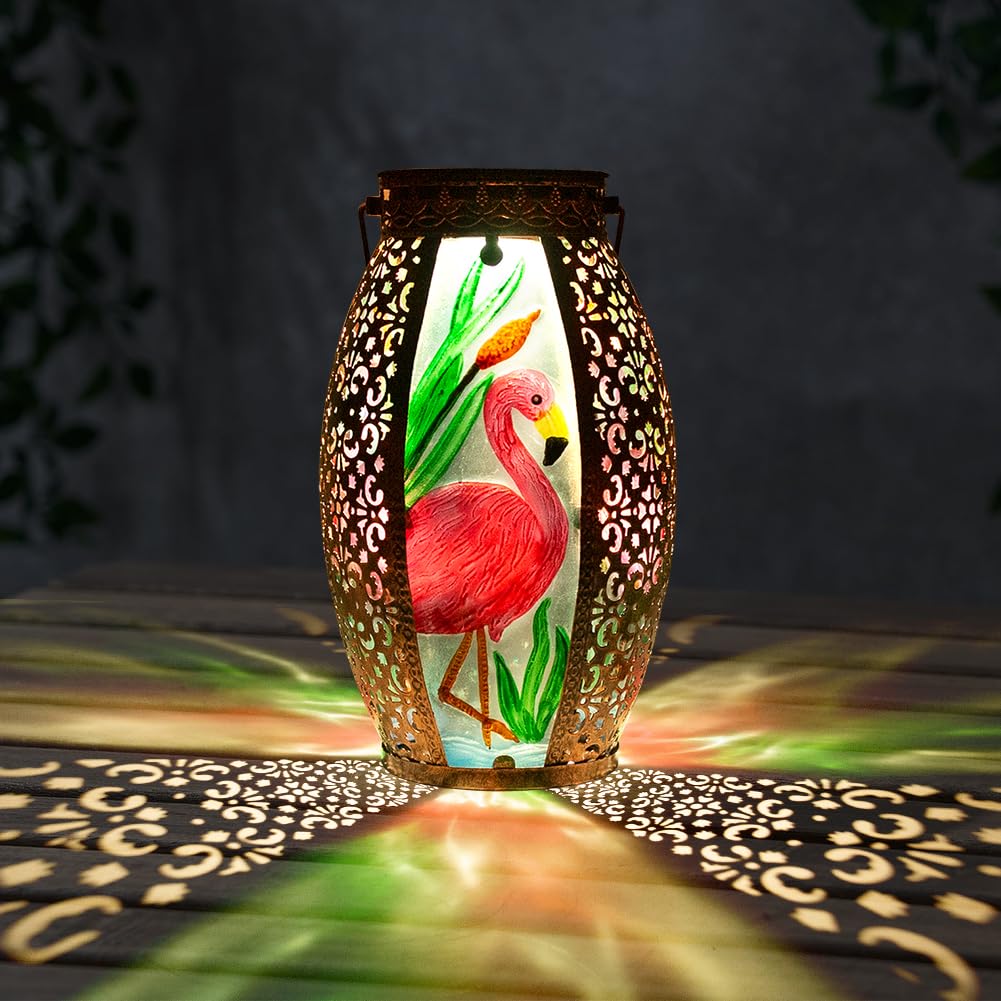 SUNNYGARDEN Flamingo Hanging Solar Lantern Waterproof Outdooor, Metal & Glass Large Solar Lights Garden Table Yard Decor Farmhou