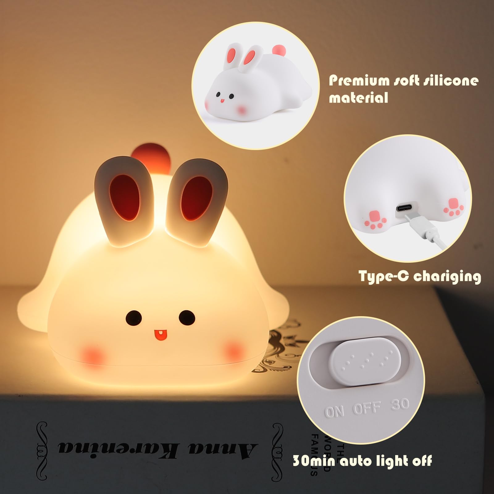 YISUN Bunny Night Light, Rechargeable LED Lamp, 3-Level Dimmable, Cute Silicone Design for Kids Room, Model K-1153