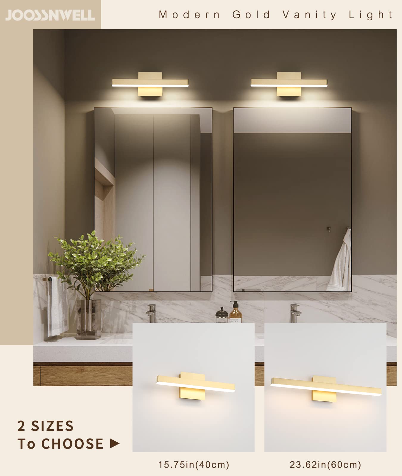 Joossnwell Bathroom Vanity Lights Fixtures Over Mirror Dimmable 5Cct Led Gold Bathroom Light Fixtures Modern Bath Wall Lamps Bar Lighting 15.75 Inch Long 12W