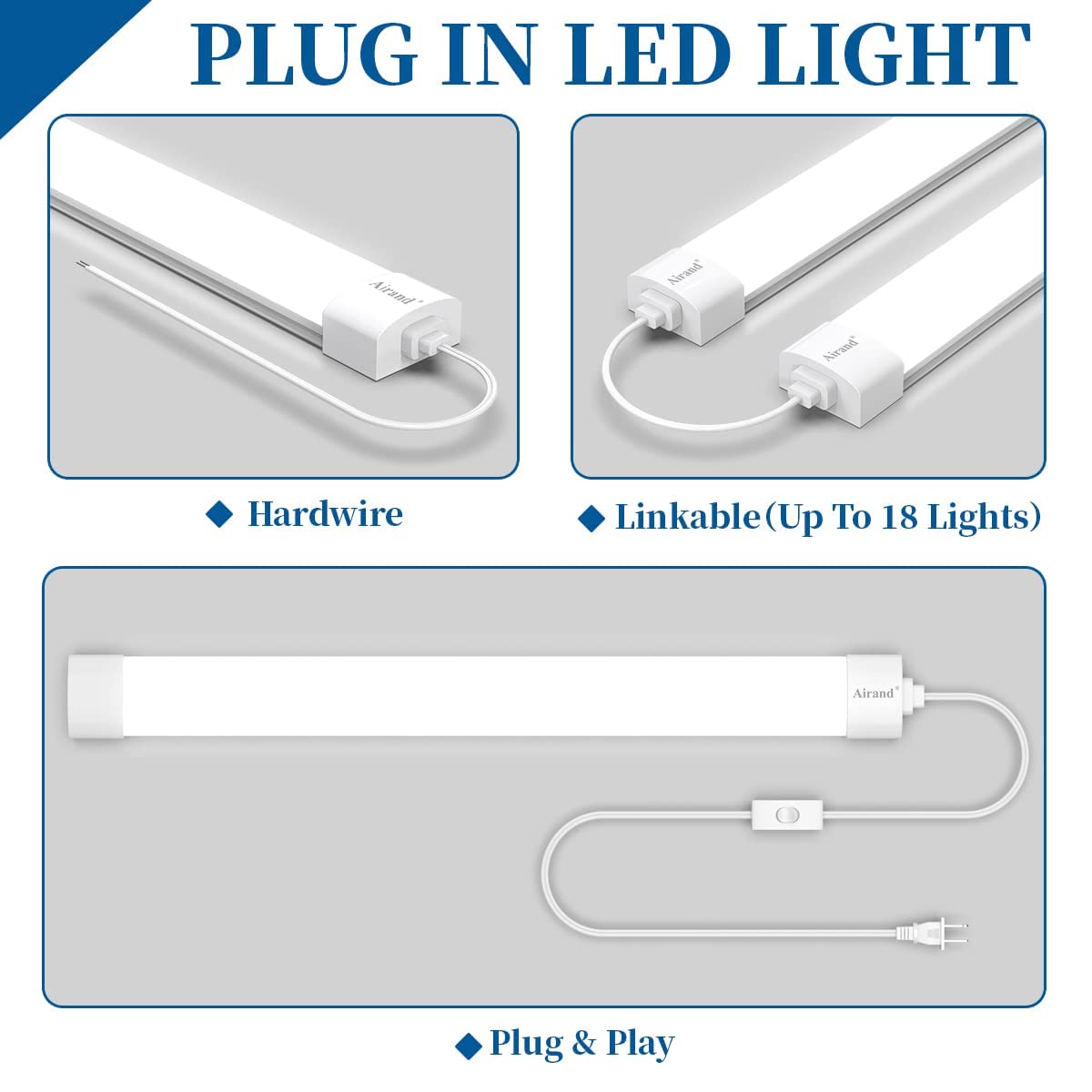 Airand 2FT LED Shop Light Fixture, Linkable Under Cabinet Lighting, 5000K, White, 18W, Corded with ON/OFF Switch