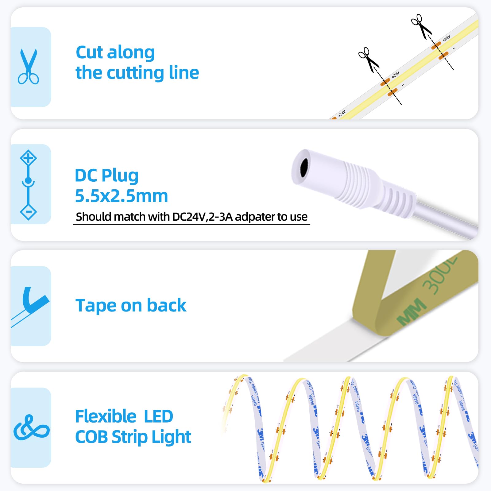 Led Strip Lights 24V Cob Led Warm 3000K Super Bright Led Strip 16.4Ft 5M Dotless High Density Cuttable Flexible For Home Diy Cob Led Commercial Lighting Projects (Power Supply & Dimmer Not Included)