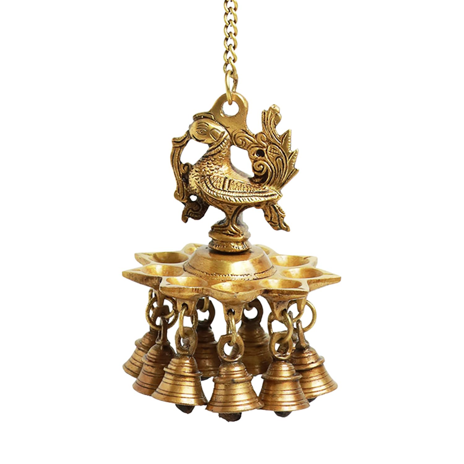 ExclusiveLane Peacock Bliss Hand-Etched Decorative Pure Brass Hanging Diya for Puja Room Mandir with Bell (9 Diyas & Bells, 23.2