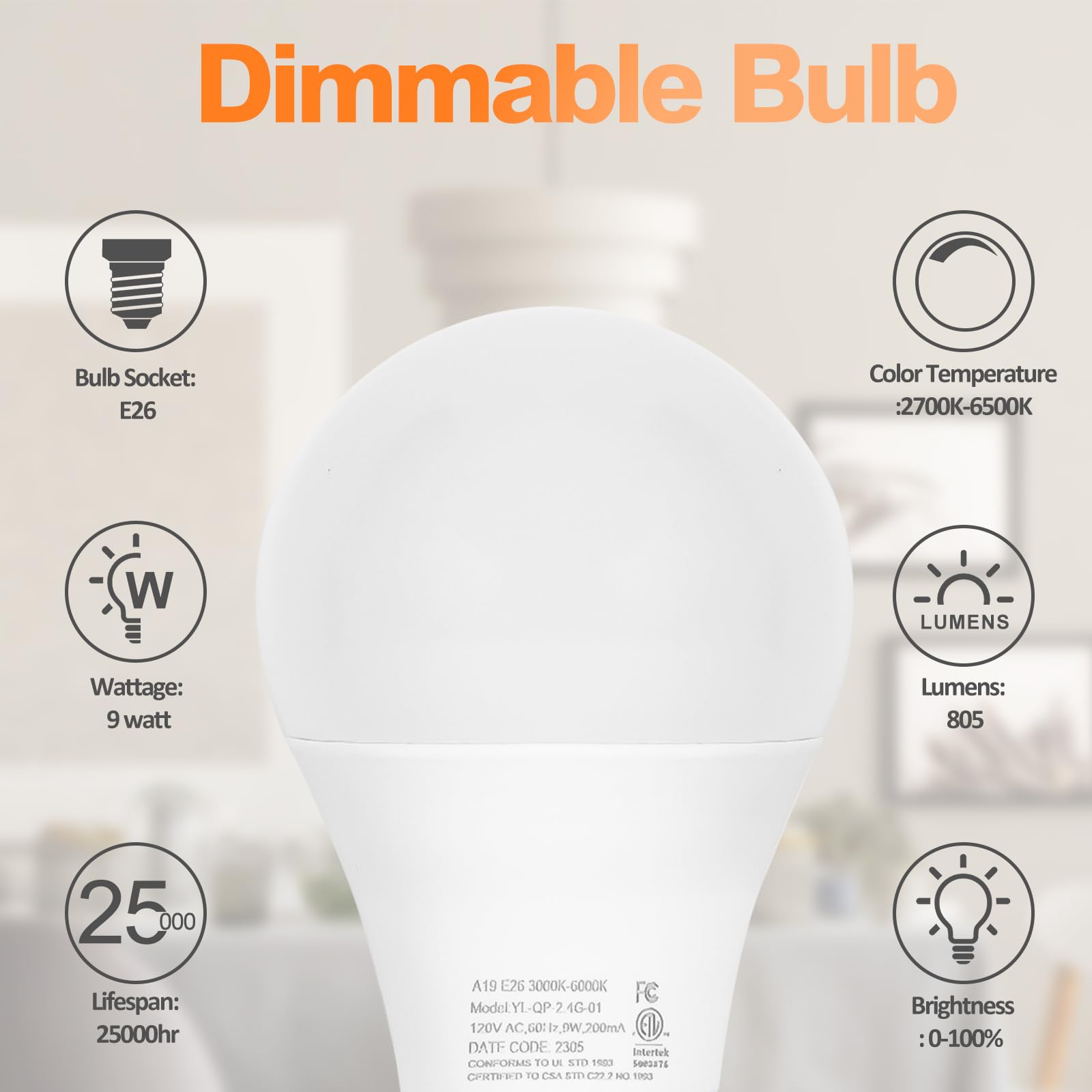 Brilvibera A19 LED Light Bulbs, Dimmable E26 with Remote Control, Warm White 2700K-6000K, 1 Pack, ABS Material