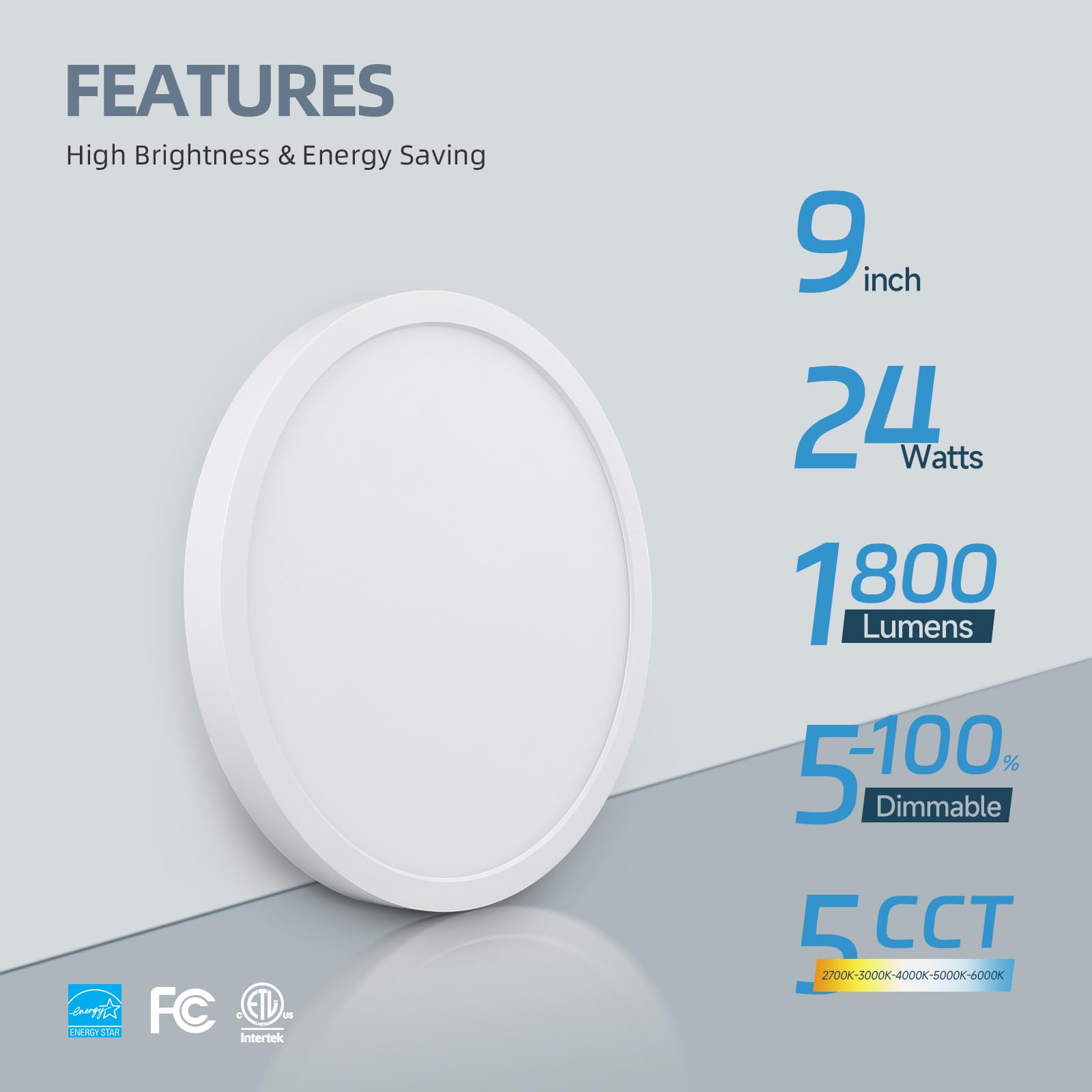 Ecoeler 9 Inch Flush Mount Ceiling Light  5 Color Temperatures Selectable  24W 1800Lm Dimmable Ultra-Thin Round Lighting Fixture For Bedroom  Porch  Hallway  Stairwells  Etl Listed