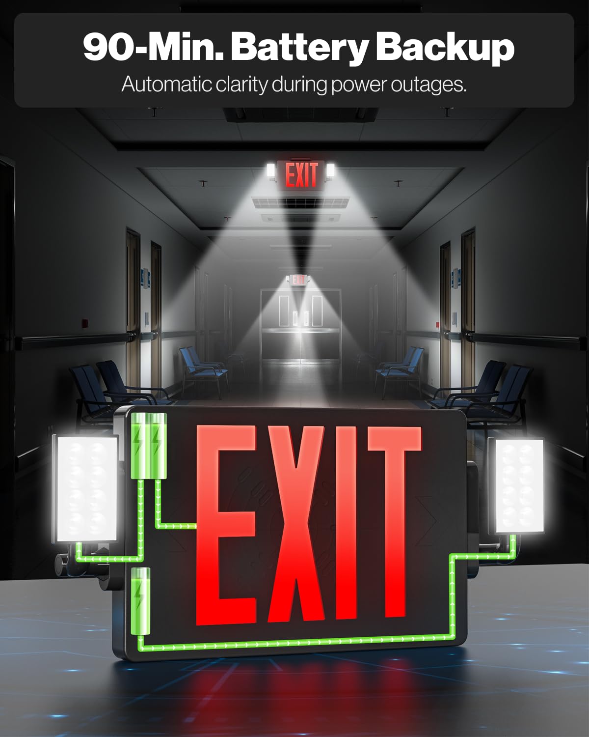 Sunco Lighting Exit Signs with Emergency Lights, 6 Pack, Adjustable LED, Black, Model EX_2H-BLACK-6PK, Fire Resistant, Wall/Ceiling Mount
