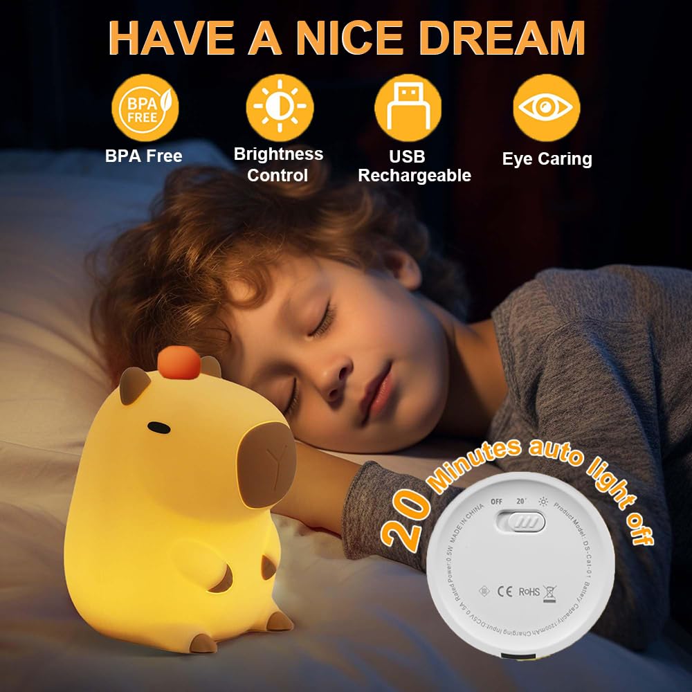 Kangten Chen Capybara Little Night Light For Kids, Portable Usb Rechargeable Animal Lamps Touch Control Lamp, Silicone Night Light With Timing Function,Children'S Christmas Gifts