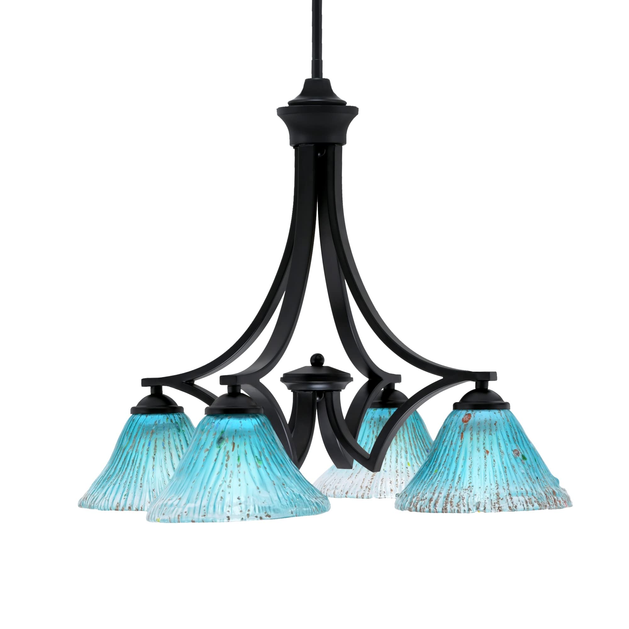 Toltec Lighting Zilo Downlight, 4 Light, Chandelier in Matte Black Finish with 7&quot; Teal Crystal Glass