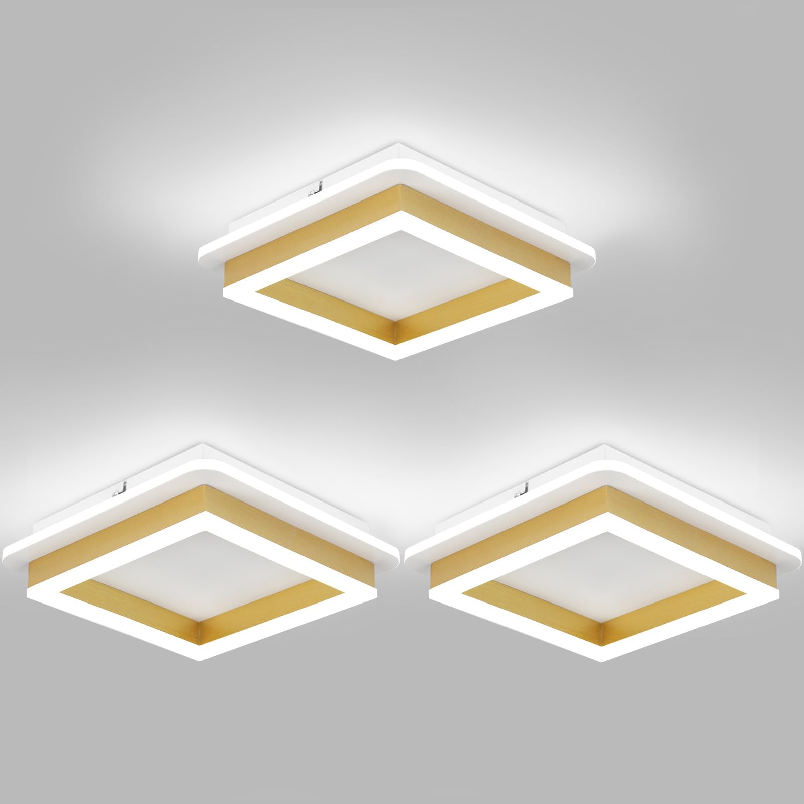 Caneoe 3 Packs Square Flush Mount Ceiling Light  6000K Black Modern Led Ceiling Light Fixture  Minimalist Hallway Lighting Fixture Ceiling Lamp For Hallway Entryway Bedroom Balcony (Gold)