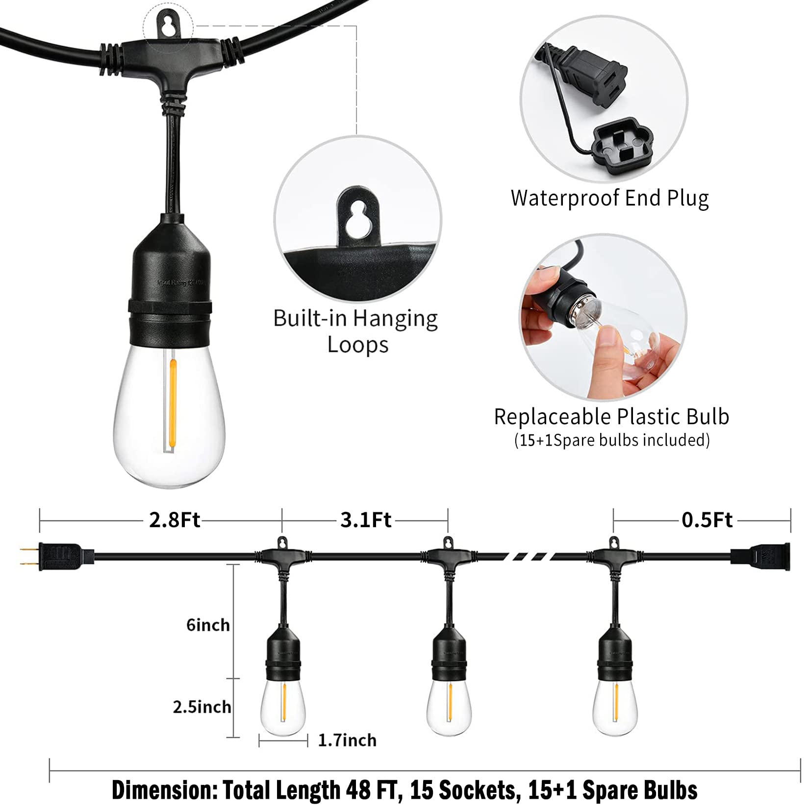 48Ft Outdoor String Lights Led Heavy-Duty Waterproof Patio Lights With 16 Shatterproof Plastic 2200K Warm White Bulbs For Patio Gazebo Pergola Cafe Market Bistro Lights