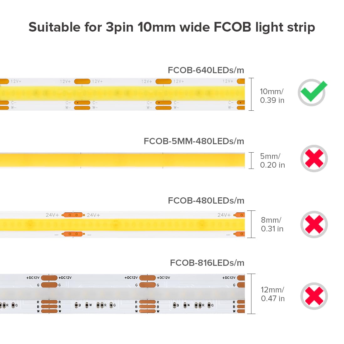 Fcob Cob 10Mm/0.39In Width Led Strip Connector Kit 6Pcs 3 Pin Transparent Gapless L-Shaped Connectors 10Mm Pwm Cct +V C W Led St