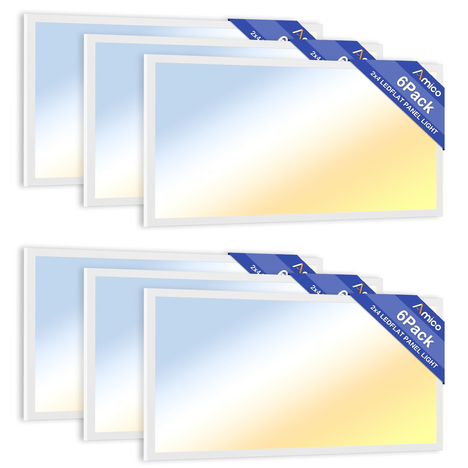 Amico 6 Pack 2x4 LED Flat Panel Light Fixture  72W  9000LM  3500K/4000K/5000K/5700K/6500K 5CCT Selectable Drop Ceiling Office Lights  0-10V Dimmable  LED Drop Ceiling Light Fixtures  ETL/DLC