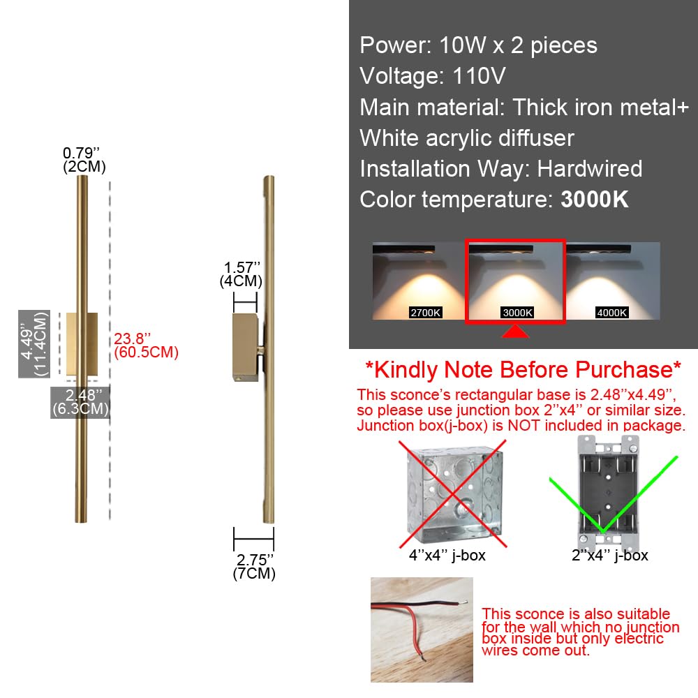 Reddragon Lighting Modern Gold Wall Sconce Set of 2, 24 Inch Hardwired Dimmable Tube Light for Bathroom, Foyer & Bedroom