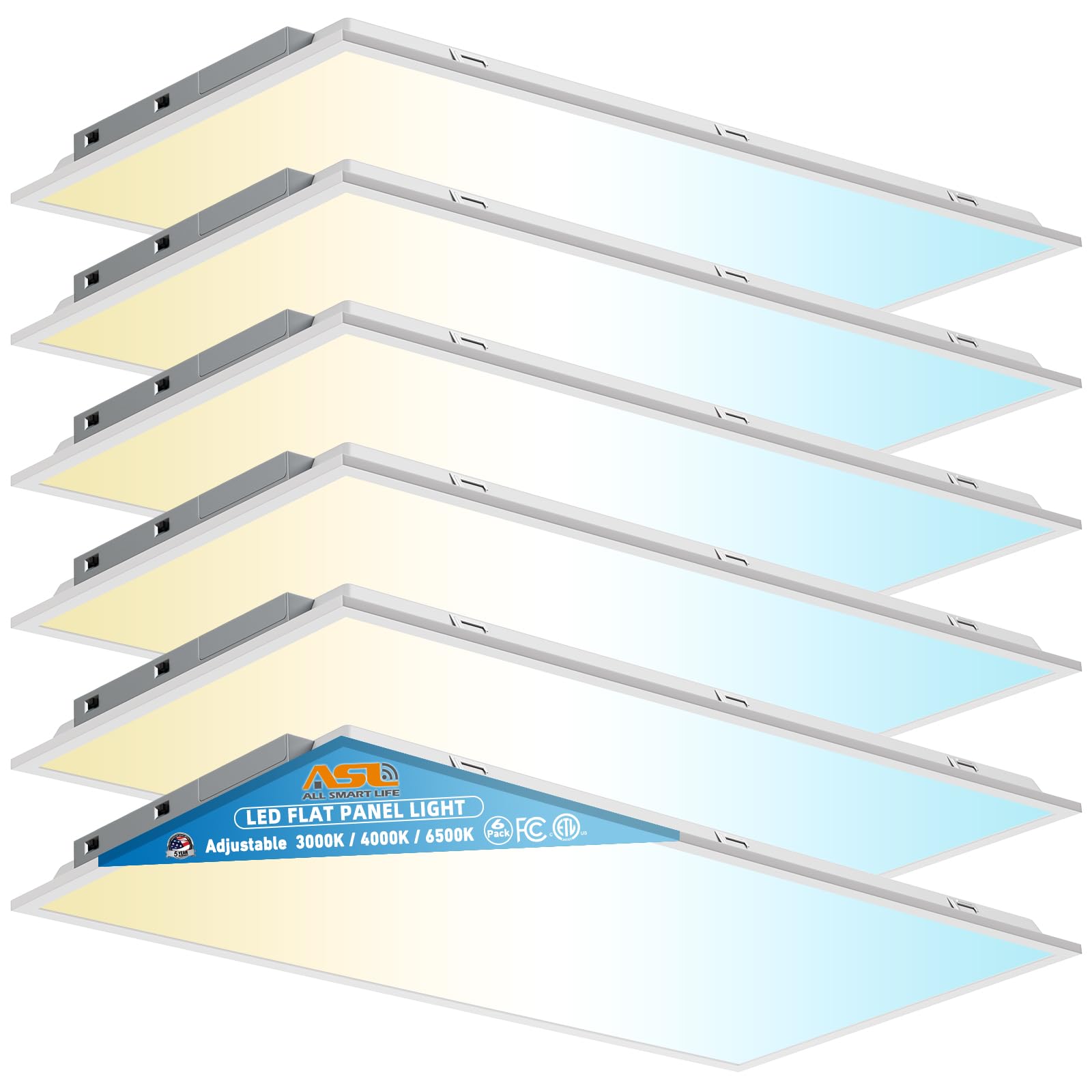 2x4 LED Flat Panel Lights for Drop Ceiling 6-Pack, 7200Lumens 0-10V Dimmable, 3CCT 3000K-4000K-6500K, 24InchX48Inch Back-Lit Rec