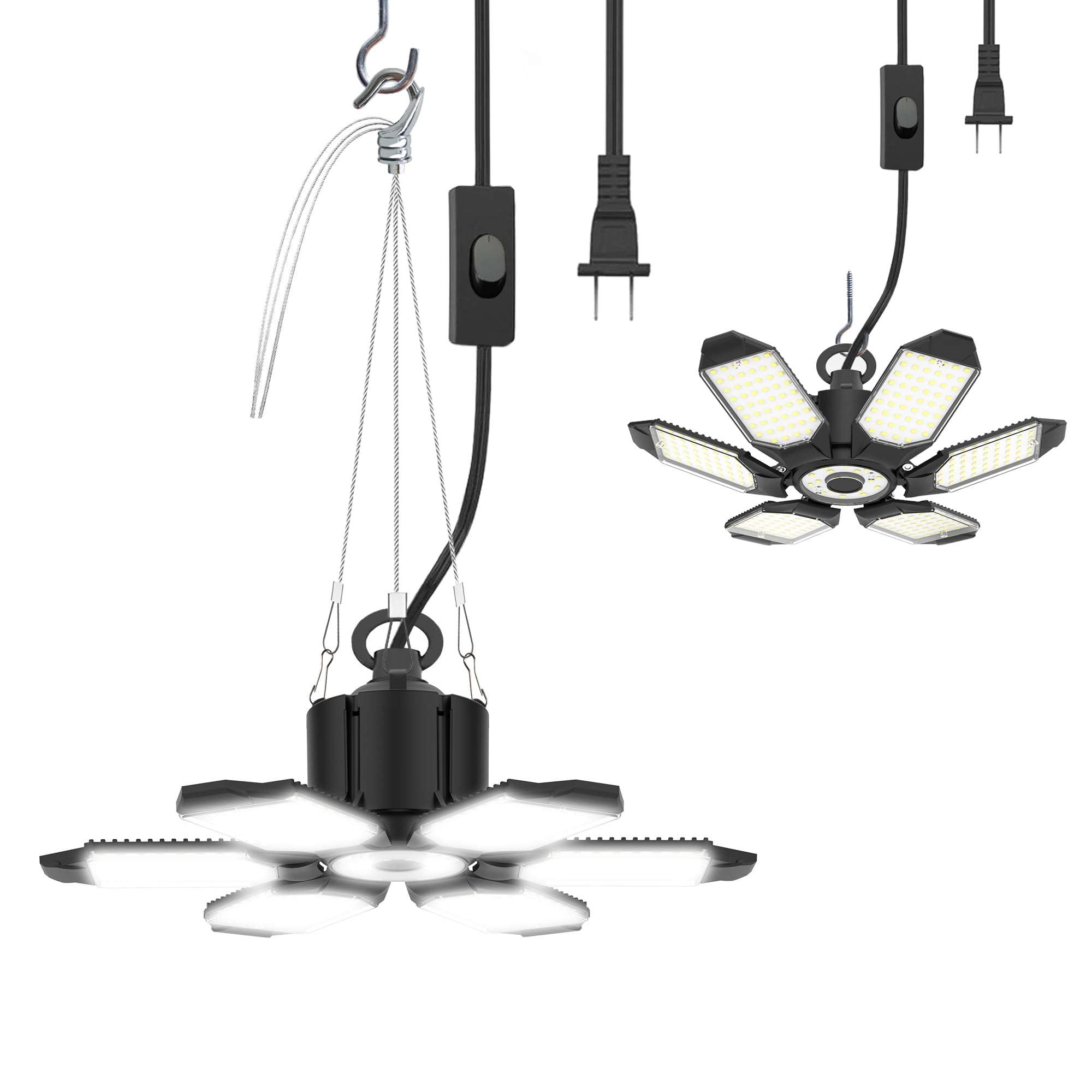 Linkable LED Shop Light with 6 Deformable Panels, 20000LM 6500K Plug in Garage Ceiling Lights, Hanging LED Lights for Garage/War