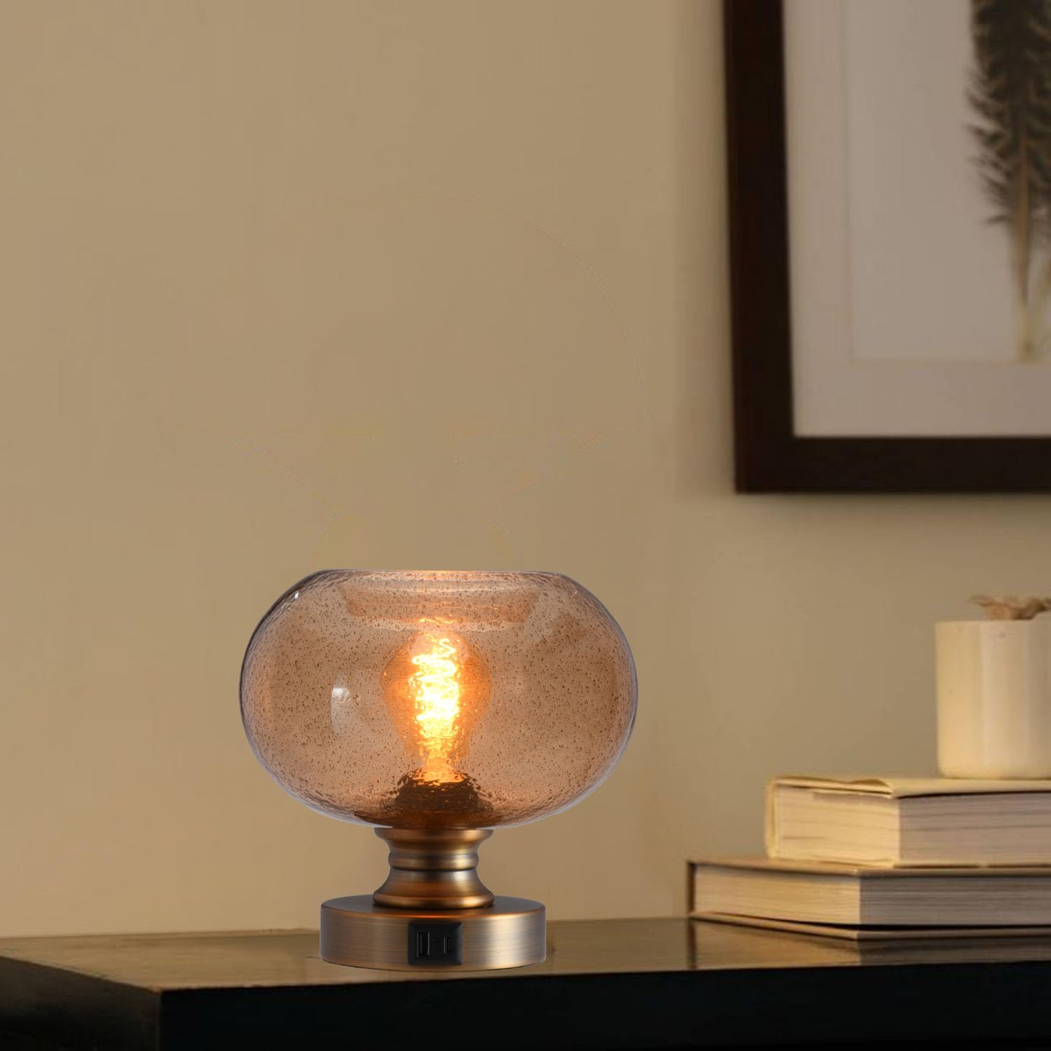 MAINDECO Mid Century Glass Table Lamp,Dimmable Desk Lamp,LED Bulb Included,Touch Control & USB A+C Port,Cognac Amber Seeded Glas