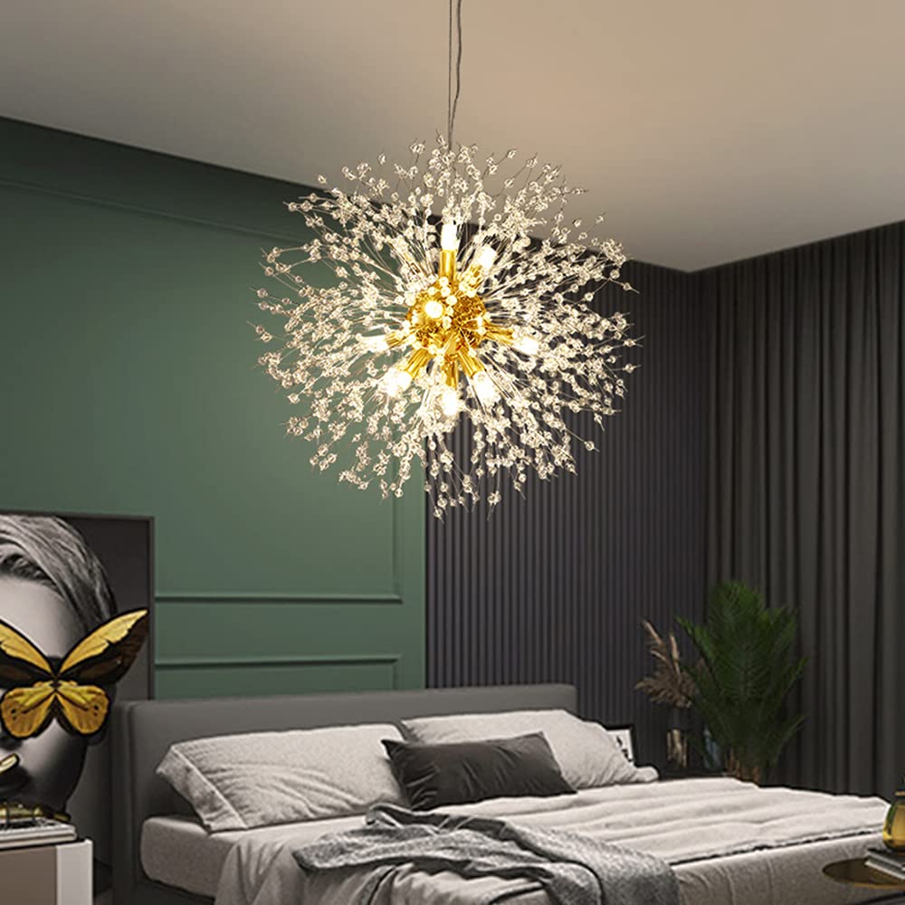 Mivenda Gold Crystal Chandeliers 9-Light Modern Firework Chandelier Dandelion Light Fixture,Bedroom Chandelier,Ceiling Hanging L