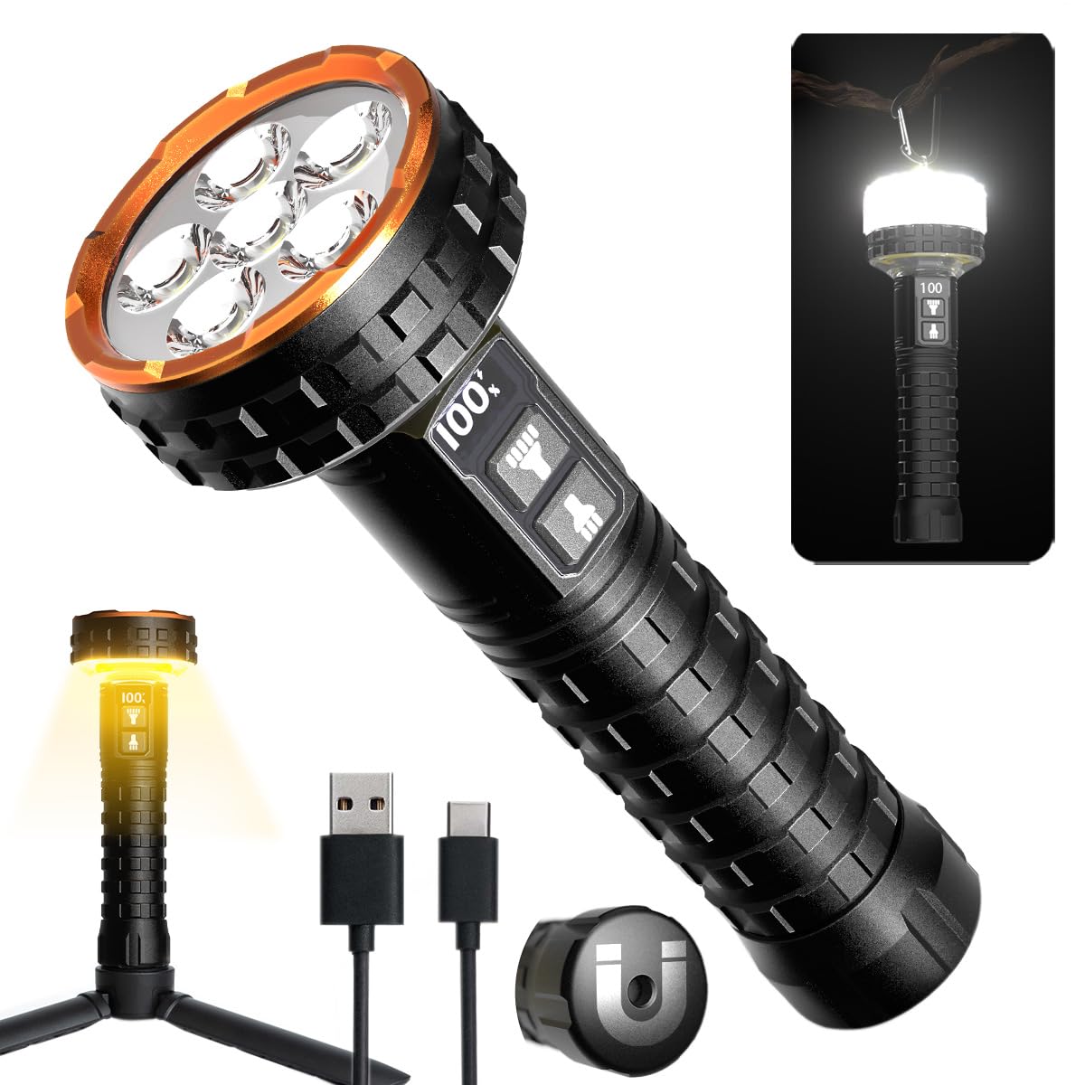 Yls Flashlight, 5000 Lumen LED Rechargeable Flashlight with Digital Display, 8 Modes & IPX4 Waterproof, Camping Light with Magne
