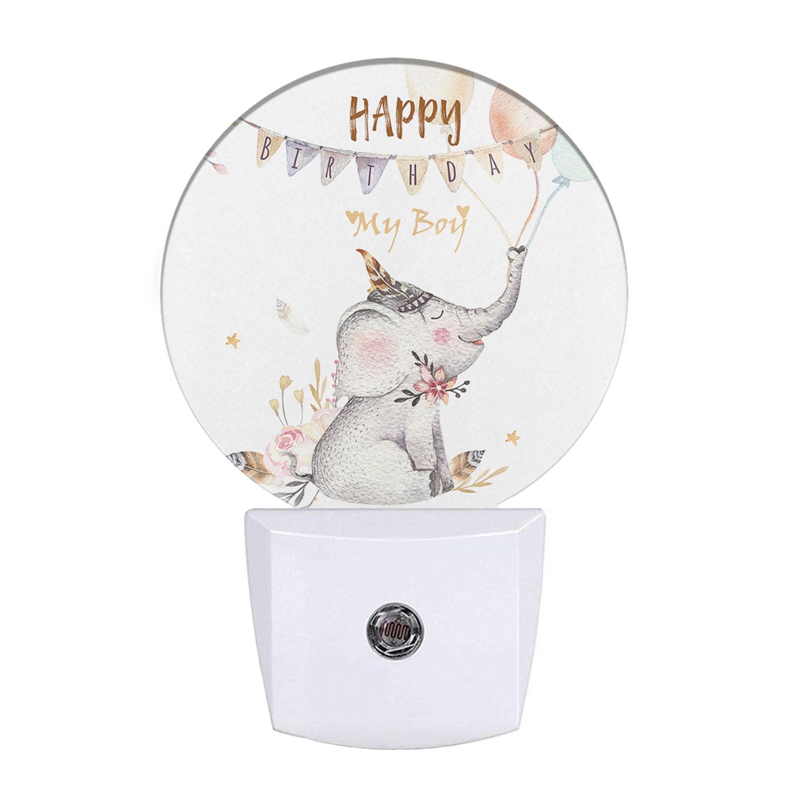 Uanvaha Cute Elephant Night Light Happy Birthday Elephant Nursery Animal Plug in Night Lights Auto LED Lamp Energy Saving Round 