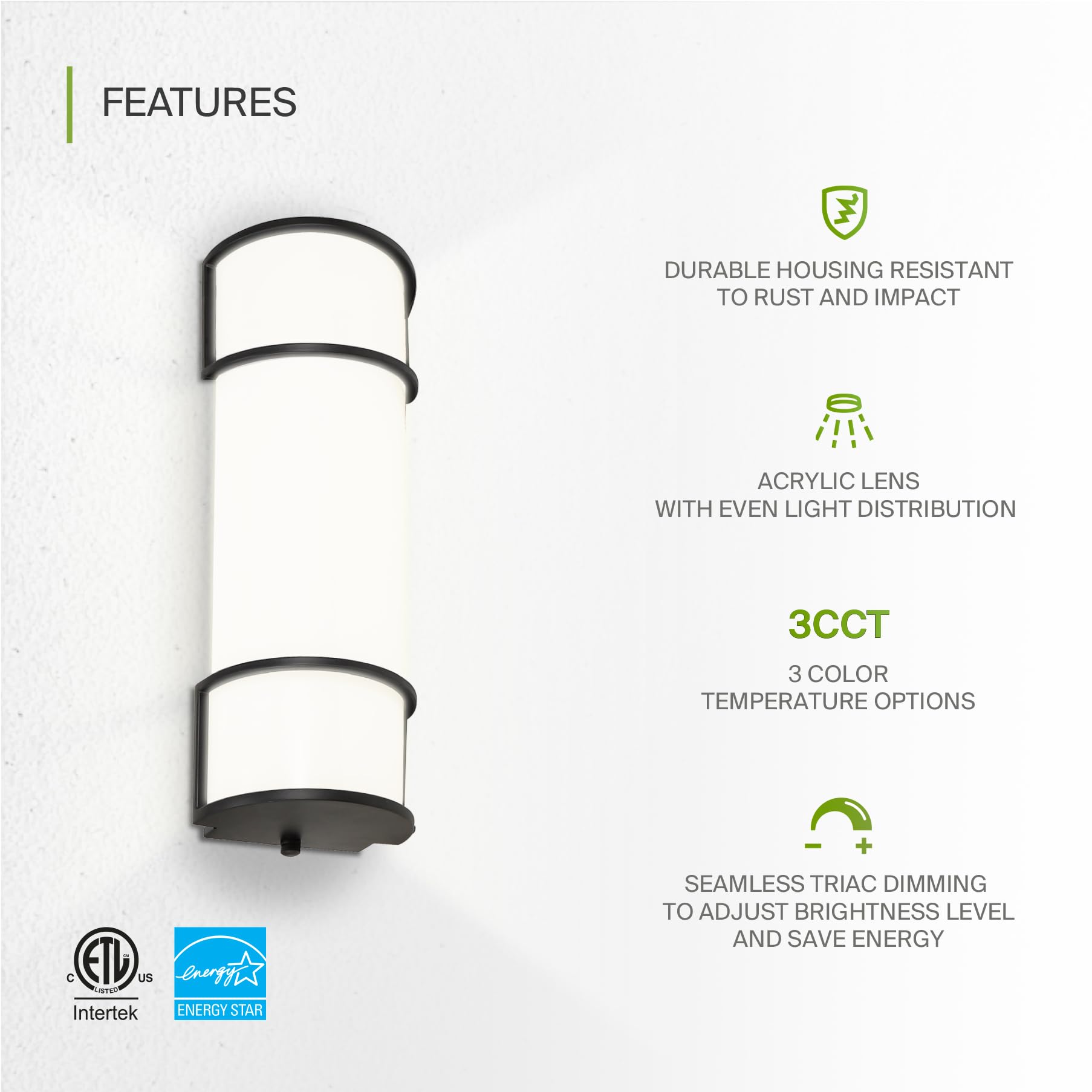 ASD LED Vanity Lighting Fixture 20W 1650LM 3000K-5000K 18 Inch Black A-LVF21-18D20CCBK