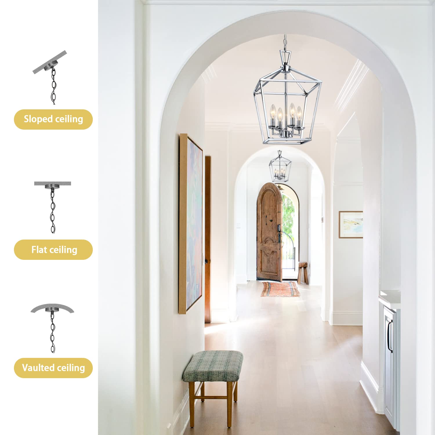 Untrammelife 4-Light Lantern Pendant Light Chrome Modern Hanging Pendant Light Fixtures With Adjustable Chain Metal Cage Dimmabl