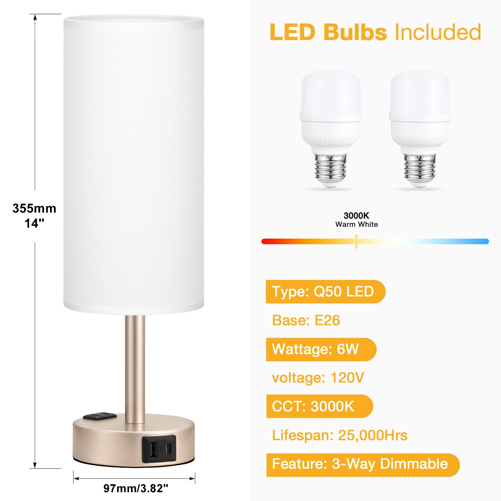 Touch Bedside Table Lamps Set - 3 Way Dimmable Bedroom Lamps Set Of 2 With Usb C And A Ports, Small Lamps For Nightstand With Ac