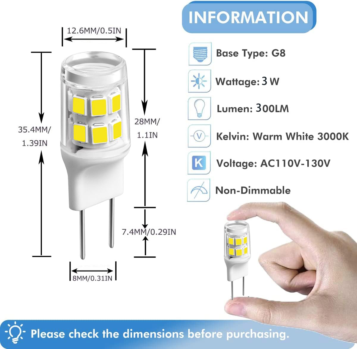 Ssxbf [Pack Of 5] G8 Led Bulb 3W (20W-25W Halogen Equivalent) G8 Gy8.6 Bi-Pin Base  For Under Counter Kitchen Lighting  Under-Cabinet Light  Puck Light Daylight White 6000K(10Pack)