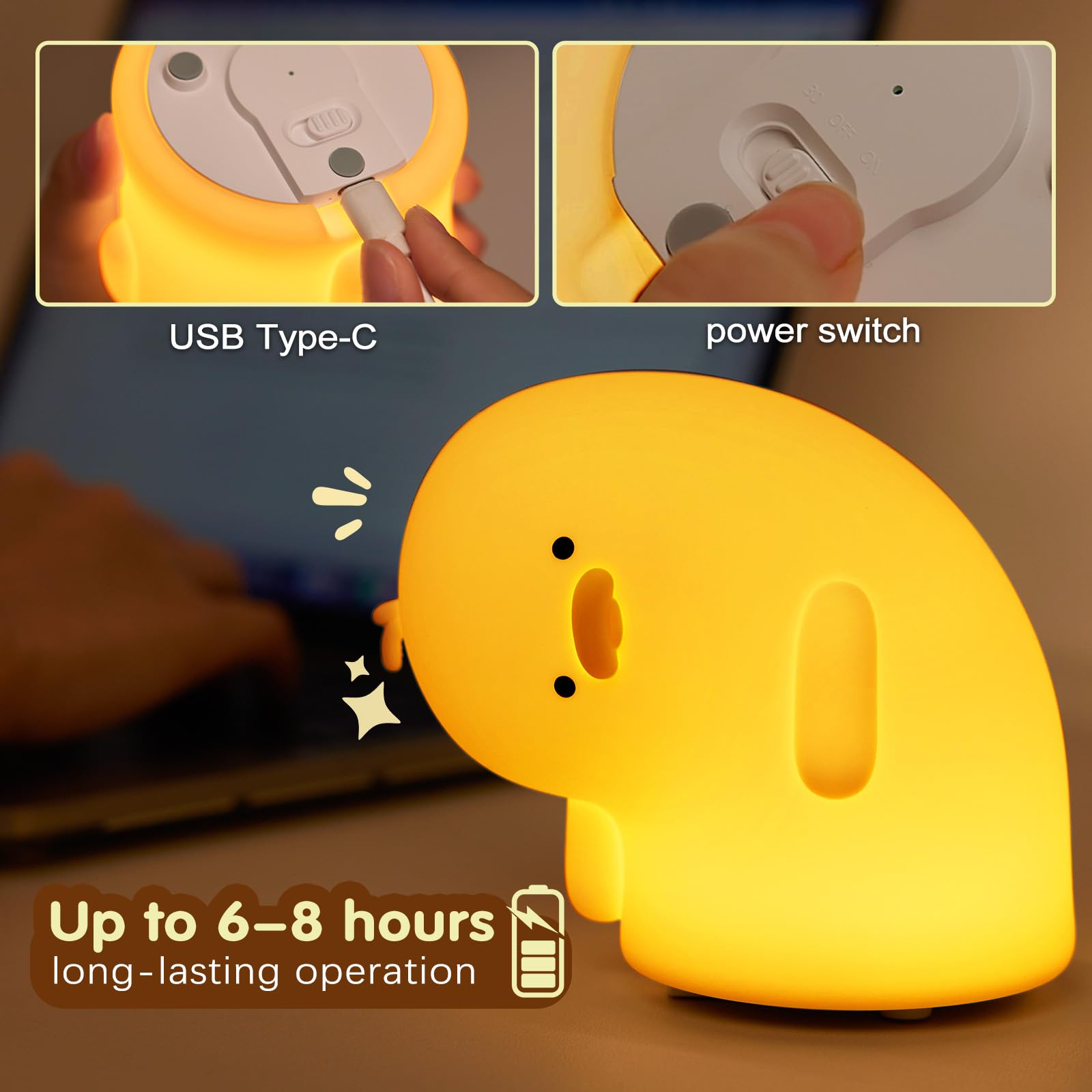 VTIGER LED Duck Night Light, Dimmable Silicone Touch Lamp, Rechargeable Nursery Decor, Duck Yellow, Model DNLY