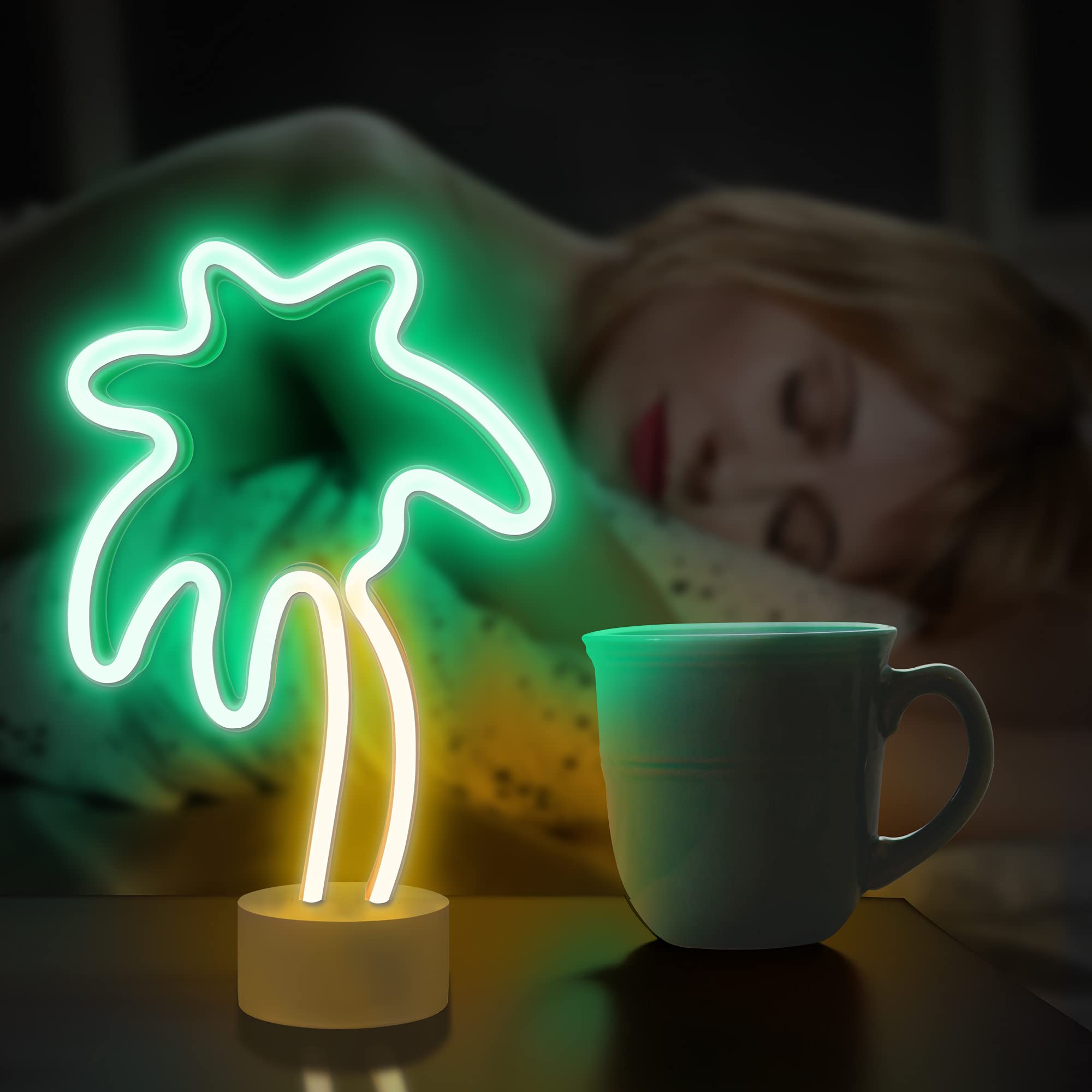 Lumoonosity Palm Tree Lights - Green & Yellow Palm Tree Neon Sign For Bedroom, Game Room - Battery/Usb Powered Coconut Trees Neo
