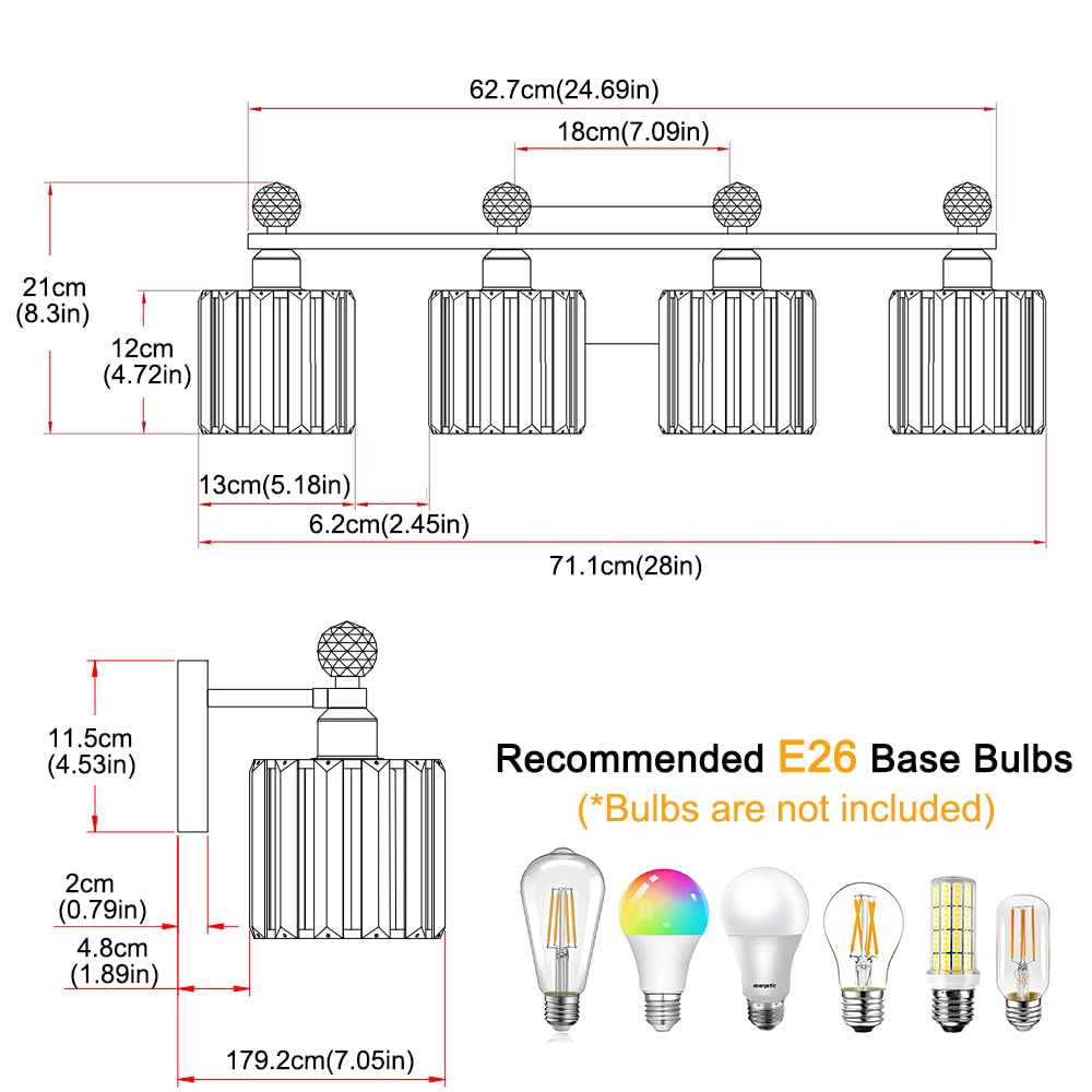 Modern Crystal Bathroom Vanity Light  4-Lights Bathroom Light Fixtures  Brass Gold Vanity Lighting Fixtures Over Mirror  Brushed Wall Sconce Light For Bedroom  Kitchen  Living Room  Gallery  E26 Base