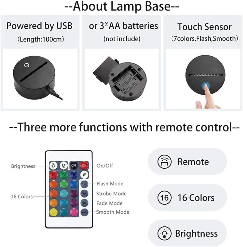 CUTIA Mickey Night Light - 3D LED Remote Control Lamp, 16 Colors, Black, Model CUTIA06002, Perfect for Kids' Room Decor