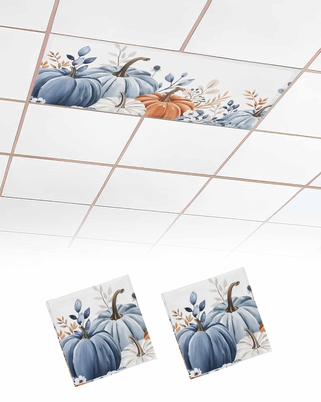 Fall Fluorescent Light Covers For Ceiling Lights Blue White Pumpkin Magnetic Light Filters 2 Pack 4X2 Ft Autumn Eucalyptus Leaves Thanksgiving Ceiling Lights Cover For Classroom Office Drop Lamp