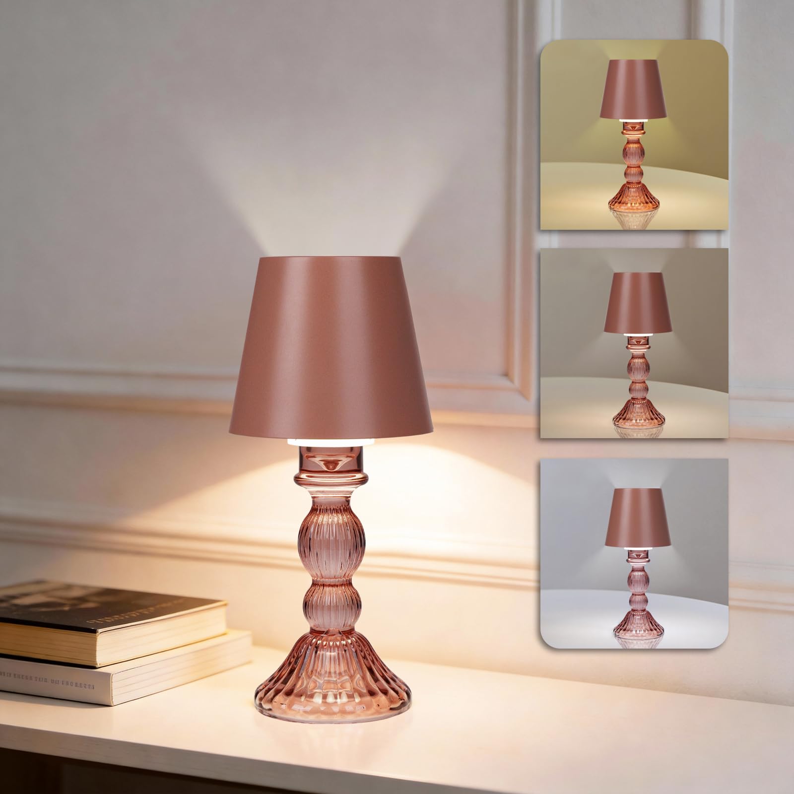 MJ PREMIER Cordless Table Lamp, Small Rechargeable Lamp with Touch Control, 9.5  H, 3 Color Stepless Dimming Battery Operated La